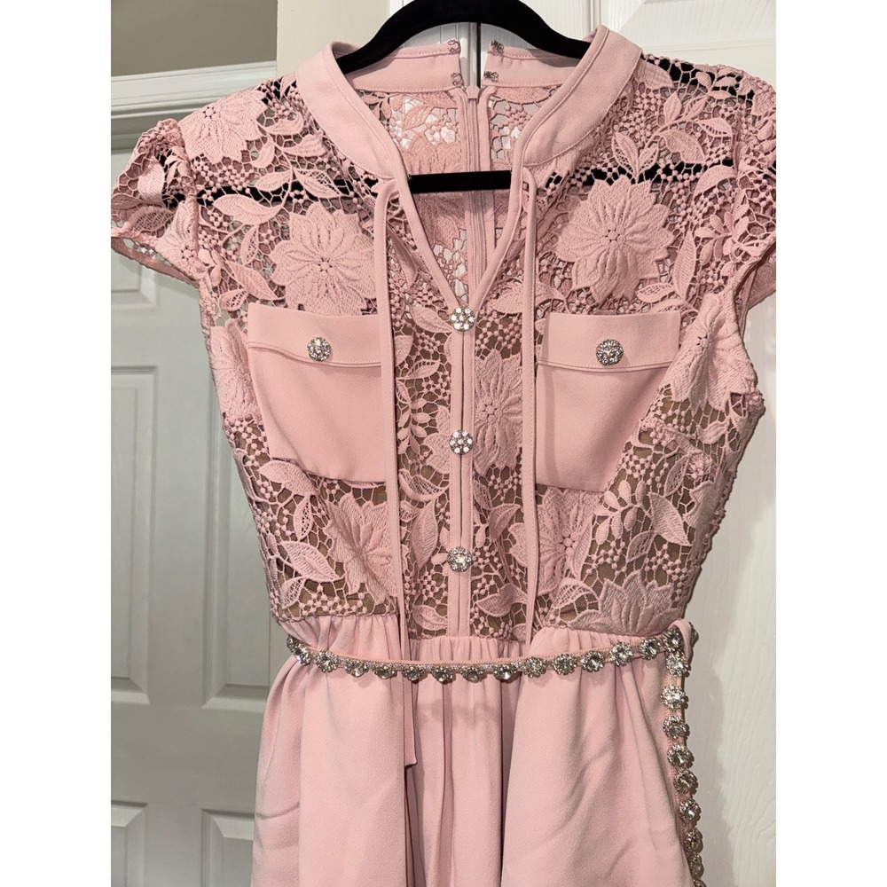 Self-Portrait Pink Lace Crystal Button Mini Dress US 10 UK 14 - Picture 6 of 9
